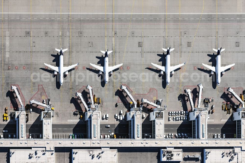 München-Flughafen from above - Dispatch building and terminals on the premises of the airport in Muenchen-Flughafen in the state Bavaria, Germany