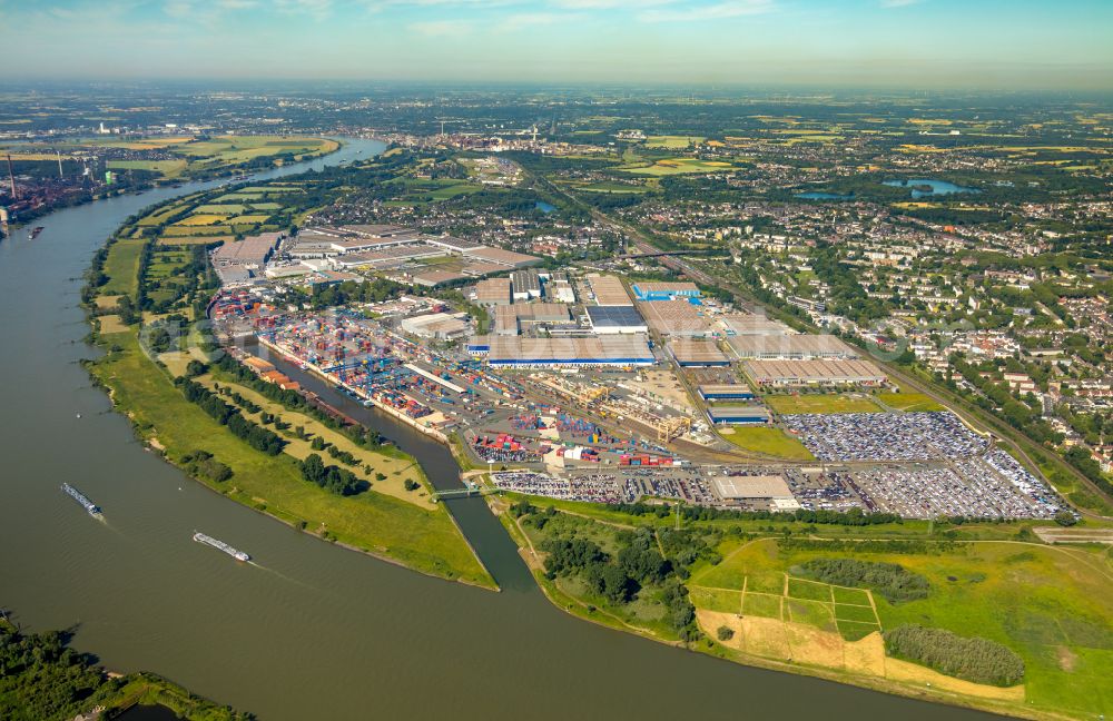 Duisburg from above - Parking lot and parking space for automobiles - passenger cars of the BLG AutoTerminal Deutschland GmbH & Co KG in the district Rheinhausen in Duisburg in the Ruhr area in the state North Rhine-Westphalia, Germany