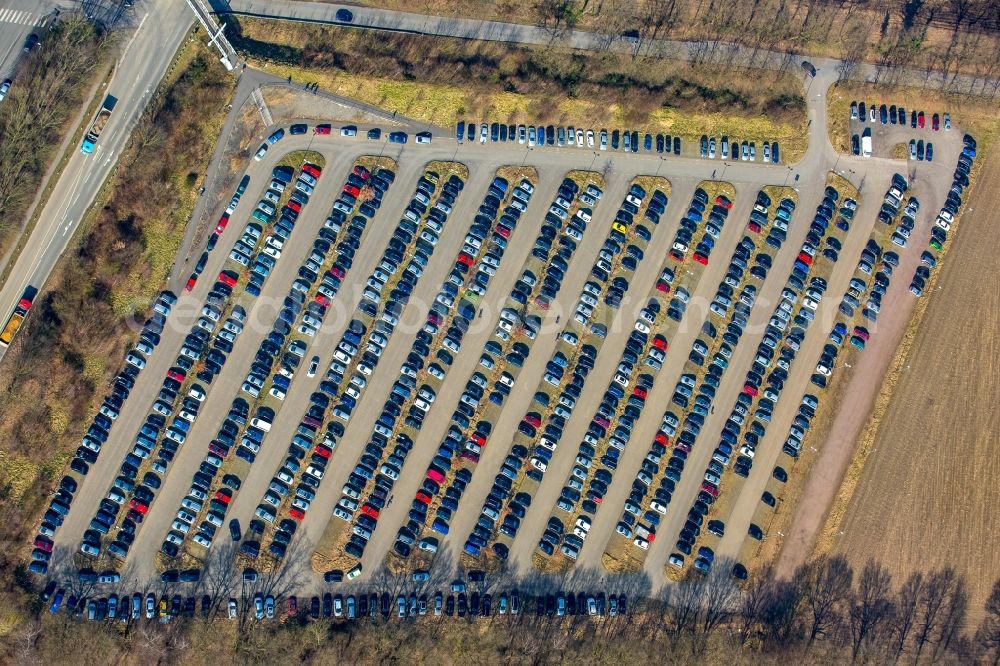 Aerial image Bottrop - Parking and storage space for automobiles Former Mining Bergwerk Prosper-Haniel in Bottrop in the state North Rhine-Westphalia