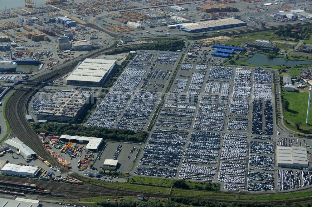 Bremerhaven from above - Parking and storage space for automobiles at the international port in Bremerhaven in the state Bremen