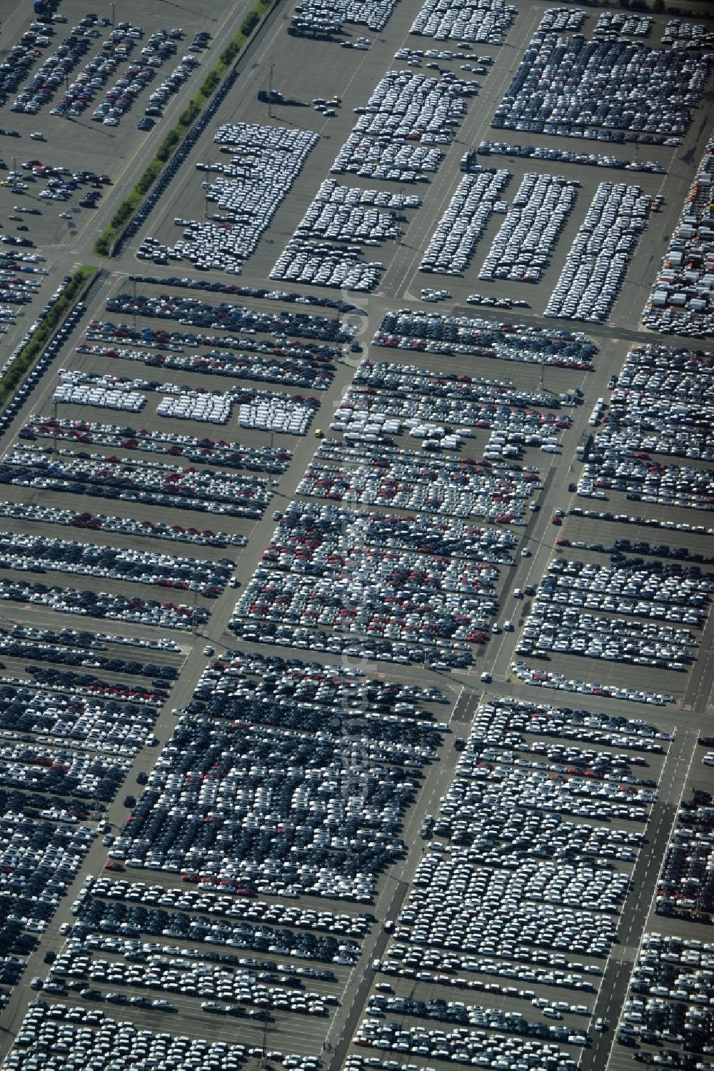 Aerial image Bremerhaven - Parking and storage space for automobiles at the international port in Bremerhaven in the state Bremen