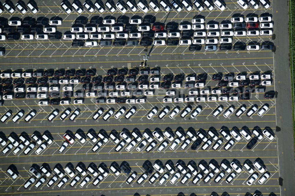 Aerial image Bremerhaven - Parking and storage space for automobiles at the international port in Bremerhaven in the state Bremen