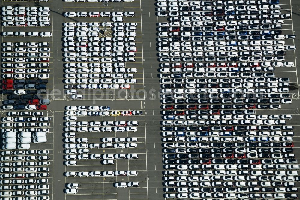 Aerial image Bremerhaven - Parking and storage space for automobiles at the international port in Bremerhaven in the state Bremen