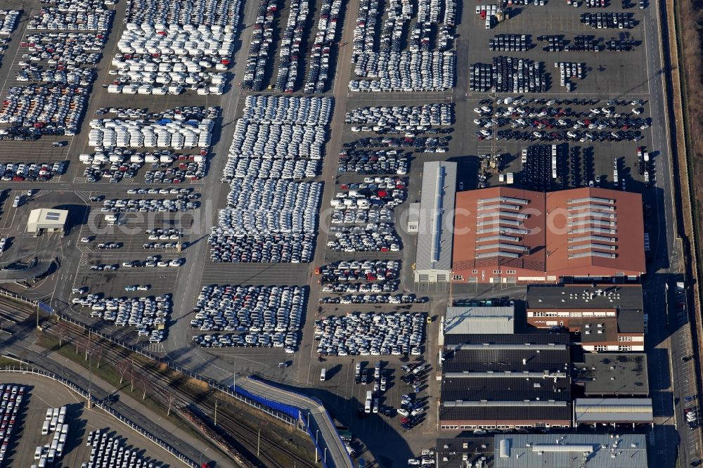 Aerial image Bremerhaven - Parking and storage space for automobiles on international port in Bremerhaven in the state Bremen, Germany