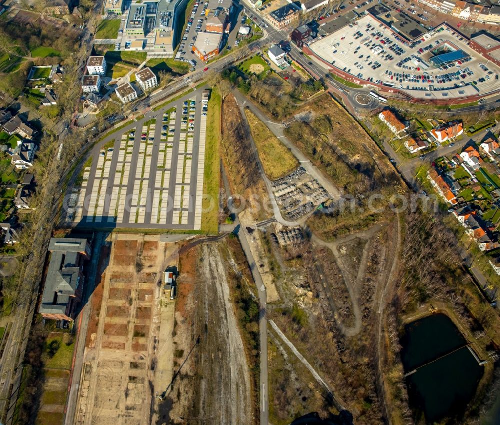 Kamp-Lintfort from above - Parking and storage space for cars of the German hard coal AG Mine West at the Friedrich-Heinrich-Allee in Kamp-Lintfort in North Rhine-Westphalia