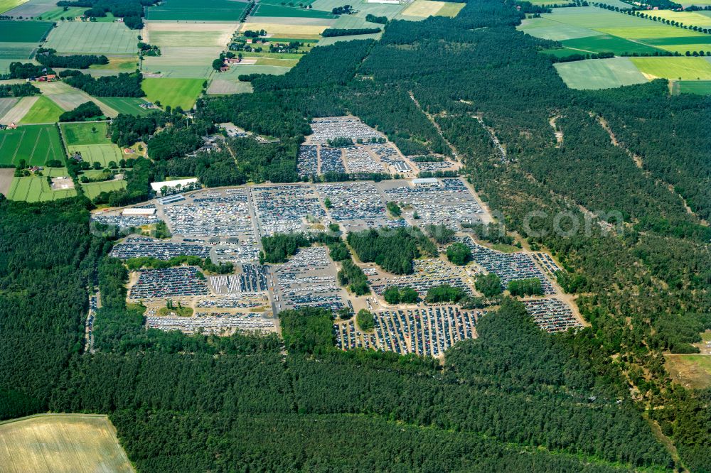 Dickel from the bird's eye view: Parking and storage area for automobiles - cars in the district Rehden in Dickel BTR Transportlogistik Gmbh in the state Lower Saxony, Germany