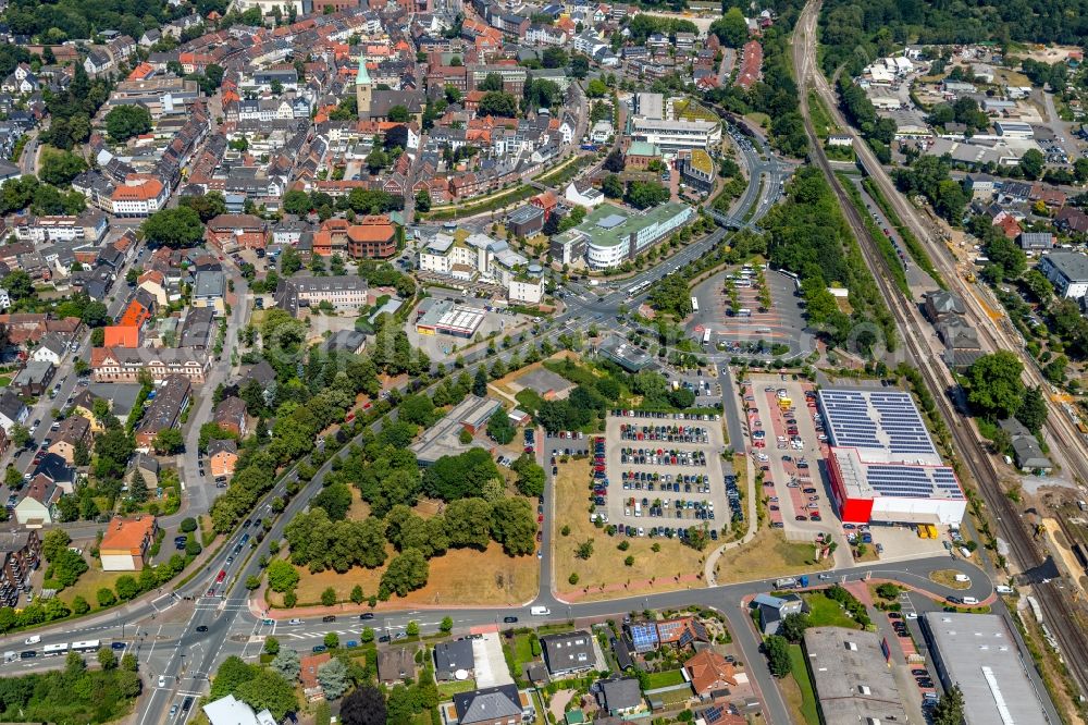 Dorsten from above - Parking and storage space for automobiles Auf der Bovenhorst - Europaplatz in Dorsten in the state North Rhine-Westphalia, Germany