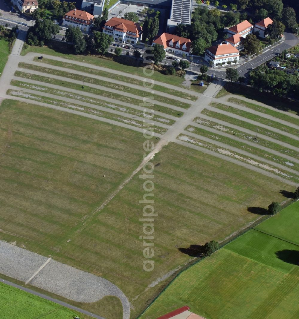 Aerial image Dresden - Empty parking and storage space of the Messe Dresden for automobiles in Dresden in the state Saxony