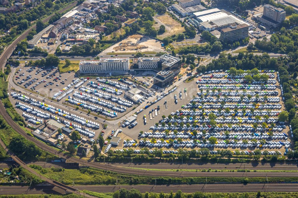 Aerial image Düsseldorf - Parking and storage space for automobiles in Duesseldorf in the state North Rhine-Westphalia