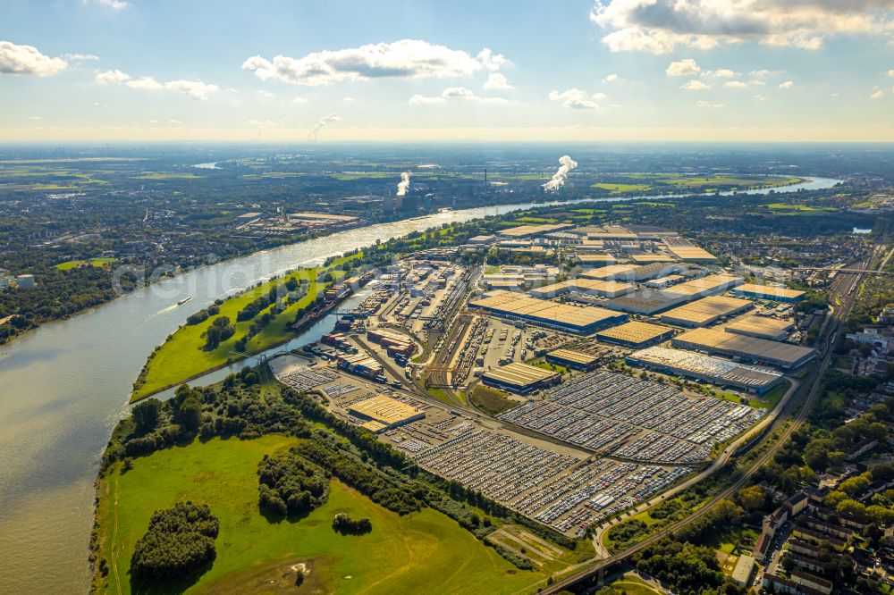 Duisburg from above - parking and storage space for automobiles of the company Solideal Deutschland in Duisburg in the state North Rhine-Westphalia