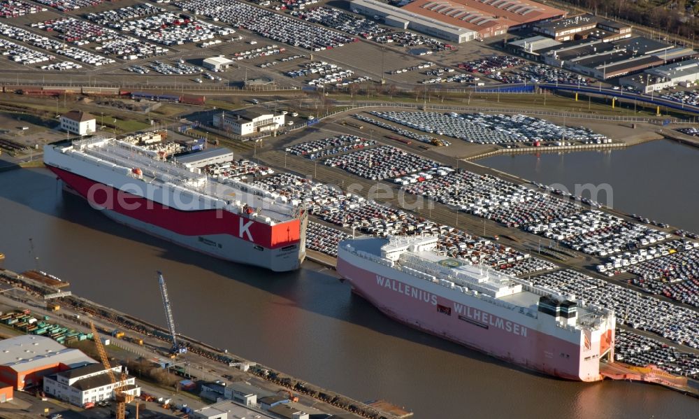 Bremerhaven from above - Parking and storage space for cars at the port quay of RoRo ferry in Bremerhaven