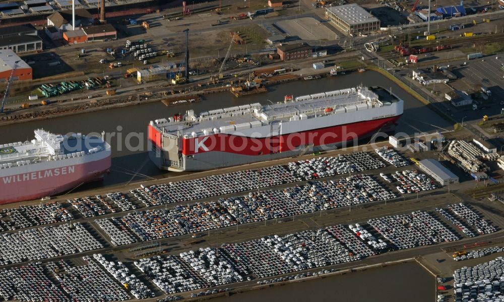 Bremerhaven from the bird's eye view: Parking and storage space for cars at the port quay of RoRo ferry in Bremerhaven