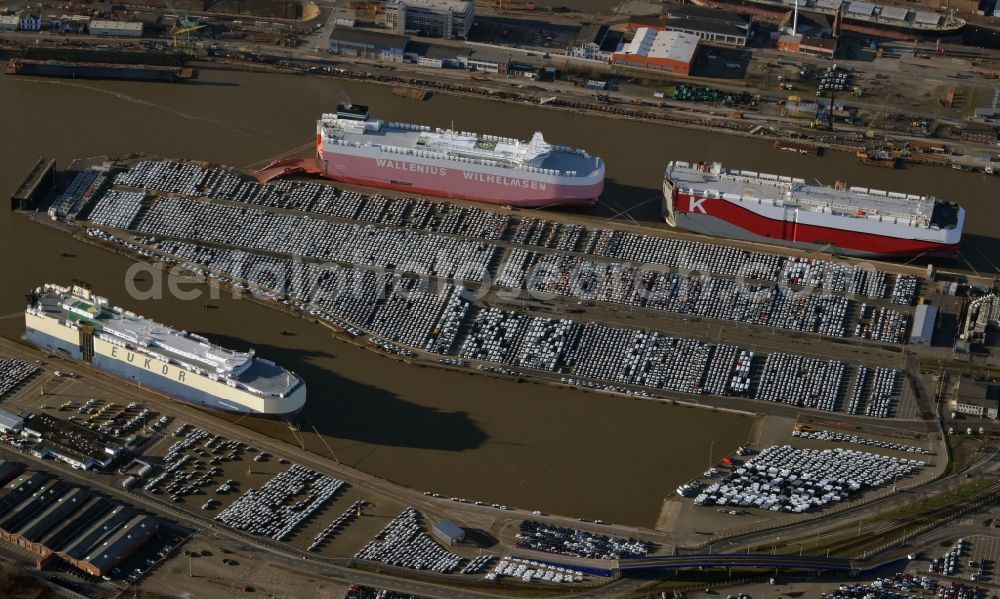 Aerial image Bremerhaven - Parking and storage space for cars at the port quay of RoRo ferry in Bremerhaven