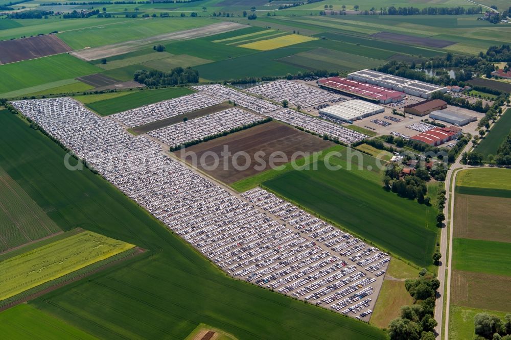 Karlskron from above - Parking and storage space for automobiles of ARS Altmann AG on Probfeld in Karlskron in the state Bavaria, Germany