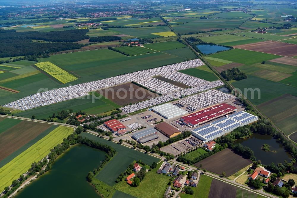 Karlskron from the bird's eye view: Parking and storage space for automobiles of ARS Altmann AG on Probfeld in Karlskron in the state Bavaria, Germany