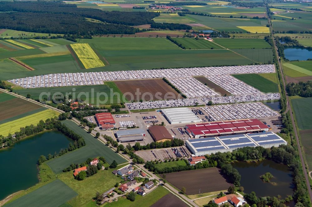 Aerial image Karlskron - Parking and storage space for automobiles of ARS Altmann AG on Probfeld in Karlskron in the state Bavaria, Germany