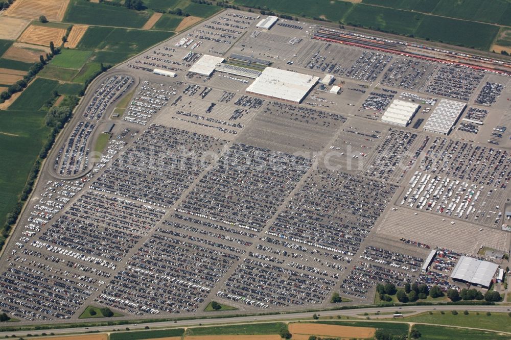 Kippenheim from above - Parking and storage space for new automobils on the factory premises of a logistics company in Kippenheim in Baden-Wuerttemberg