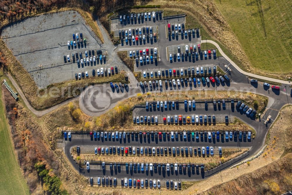 Aerial photograph Lüdenscheid - Parking lot and storage space for automobiles in Luedenscheid in the state of North Rhine-Westphalia, Germany