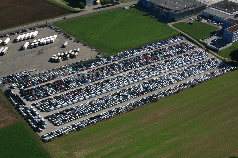 Aerial image Möhlin - Parking and storage space for new automobil and vans on the factory premises of a logistics company in Moehlin in Switzerland