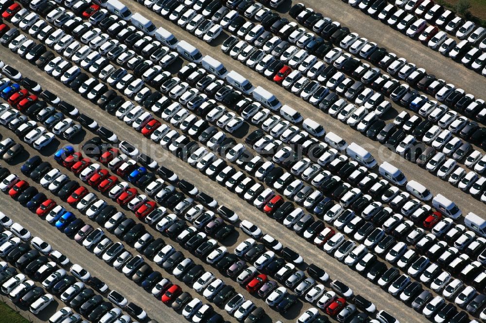 Möhlin from above - Parking and storage space for new automobil and vans on the factory premises of a logistics company in Moehlin in Switzerland