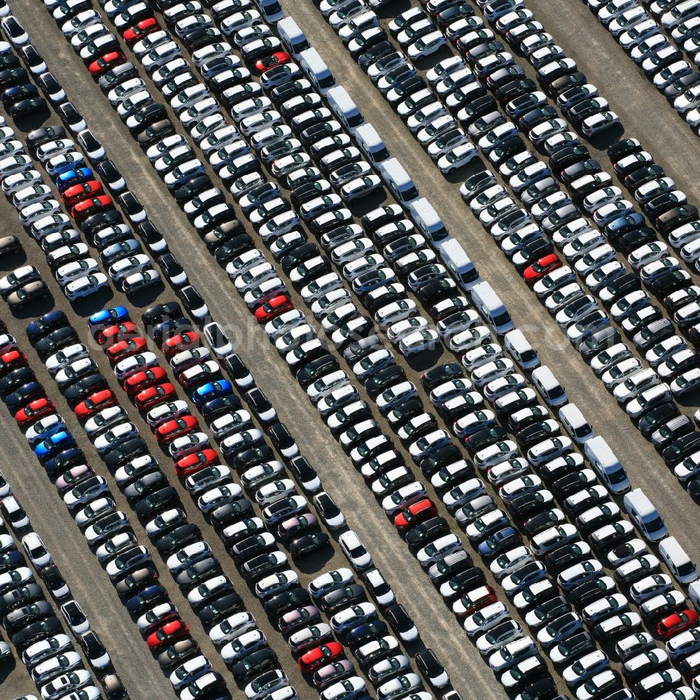 Aerial image Möhlin - Parking and storage space for new automobil and vans on the factory premises of a logistics company in Moehlin in Switzerland