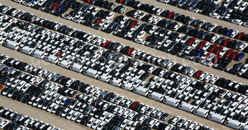 Aerial photograph Möhlin - Parking and storage space for new automobil and vans on the factory premises of a logistics company in Moehlin in Switzerland