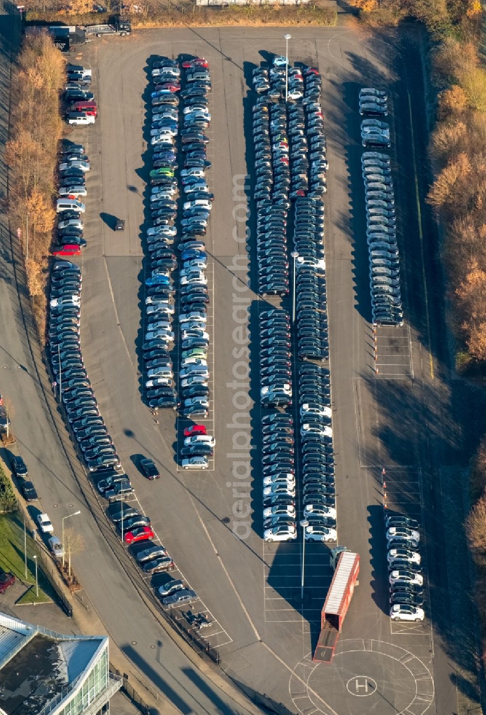 Bottrop from the bird's eye view: Parking and storage space for automobiles of Brabus GmbH on the Brabus-Allee in the district Eigen in Bottrop in the state North Rhine-Westphalia