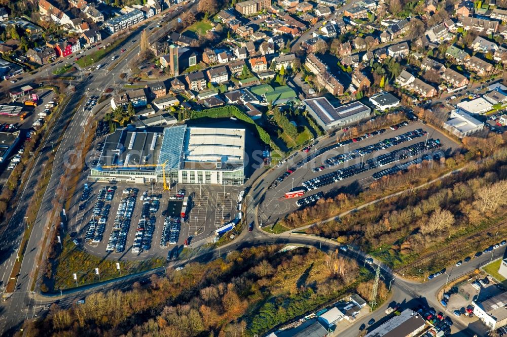 Bottrop from the bird's eye view: Parking and storage space for automobiles of Brabus GmbH on the Brabus-Allee in the district Eigen in Bottrop in the state North Rhine-Westphalia