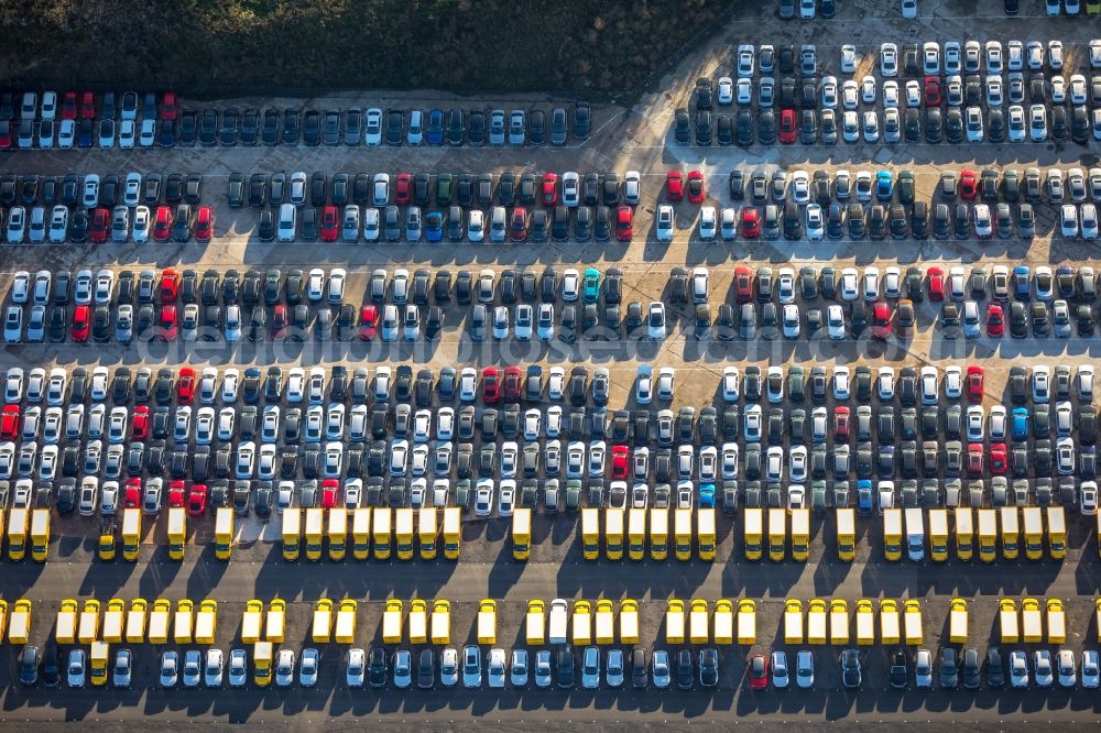 Dortmund from the bird's eye view: Parking and storage space for automobiles in the district Eving in Dortmund in the state North Rhine-Westphalia, Germany