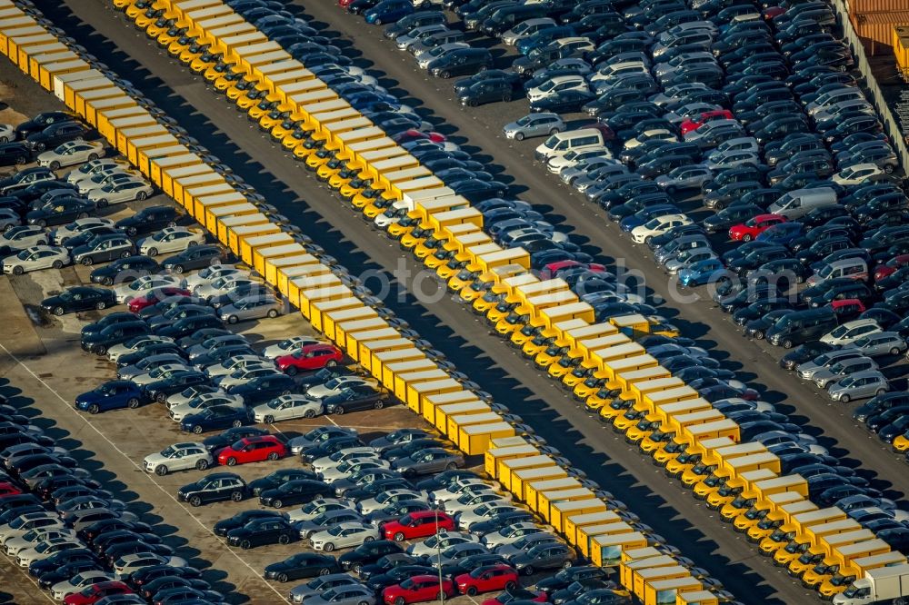 Dortmund from the bird's eye view: Parking and storage space for automobiles in the district Eving in Dortmund in the state North Rhine-Westphalia, Germany