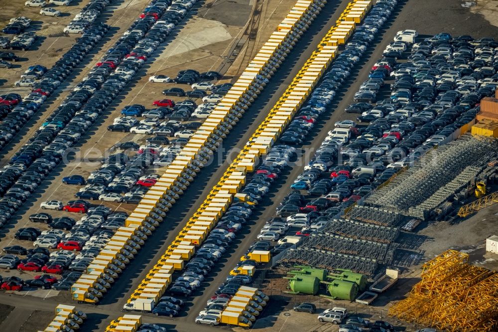 Dortmund from the bird's eye view: Parking and storage space for automobiles in the district Eving in Dortmund in the state North Rhine-Westphalia, Germany