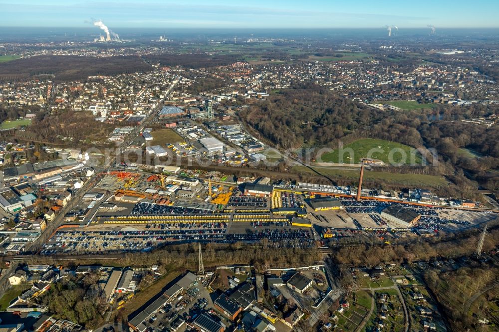 Dortmund from the bird's eye view: Parking and storage space for automobiles in the district Eving in Dortmund in the state North Rhine-Westphalia, Germany