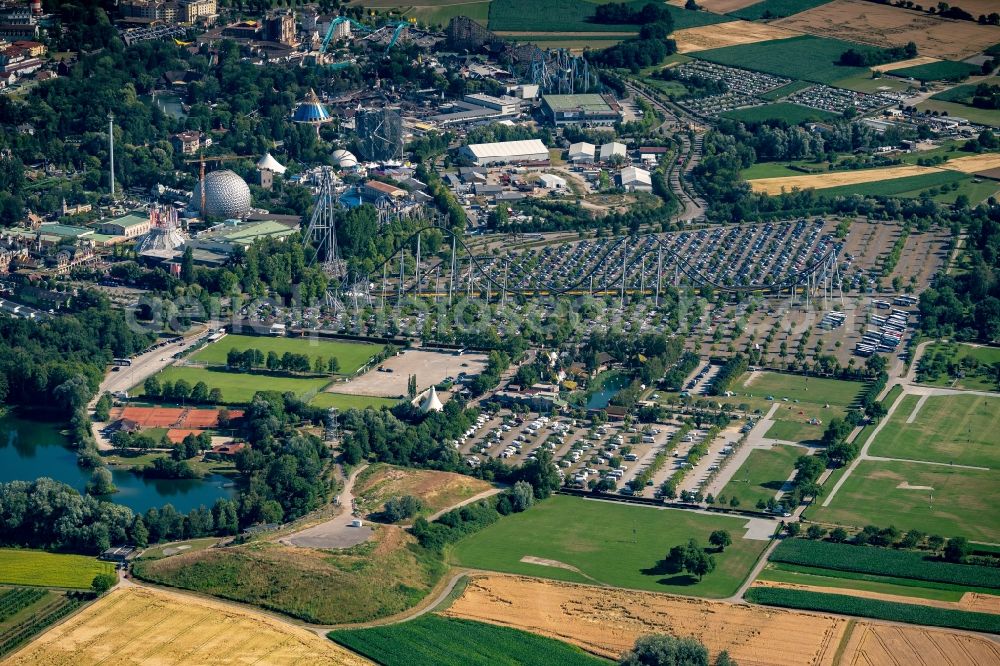 Aerial image Rust - Parking and storage space for automobiles on Freizeitpark in Rust in the state Baden-Wurttemberg, Germany