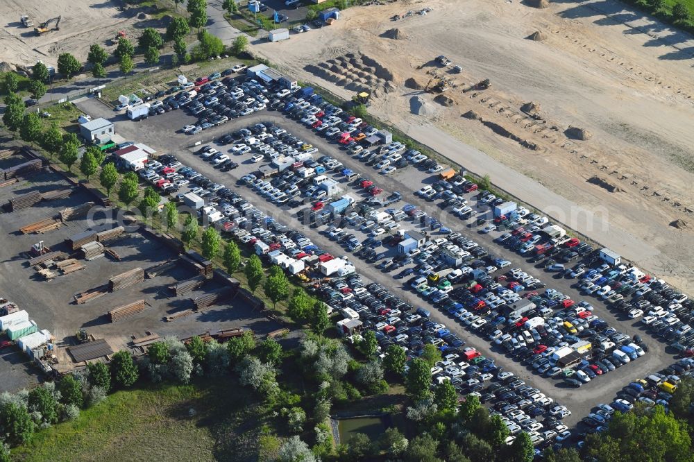 Schenkendorf from above - Parking and storage space for automobiles on Zeppelinring in Schenkendorf in the state Brandenburg, Germany