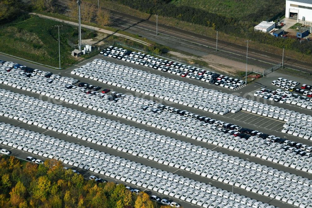 Aerial image Sülzetal - Parking and storage space for automobiles of BLG Autotransport GmbH & Co. KG on E.-H.-Harms-Weg in Suelzetal in the state Saxony-Anhalt, Germany