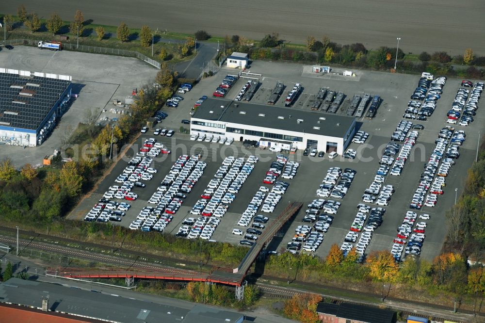 Sülzetal from above - Parking and storage space for automobiles of BLG Autotransport GmbH & Co. KG on E.-H.-Harms-Weg in Suelzetal in the state Saxony-Anhalt, Germany