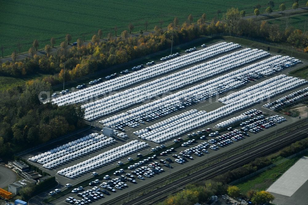 Aerial photograph Sülzetal - Parking and storage space for automobiles of BLG Autotransport GmbH & Co. KG on E.-H.-Harms-Weg in Suelzetal in the state Saxony-Anhalt, Germany