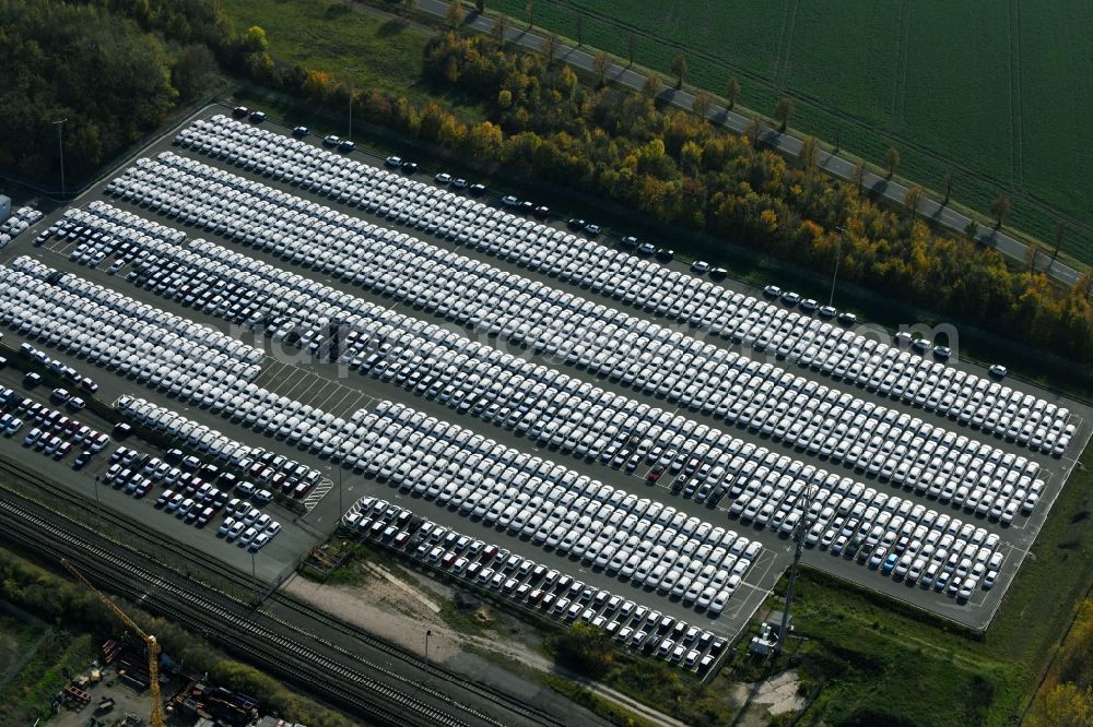 Sülzetal from above - Parking and storage space for automobiles of BLG Autotransport GmbH & Co. KG on E.-H.-Harms-Weg in Suelzetal in the state Saxony-Anhalt, Germany