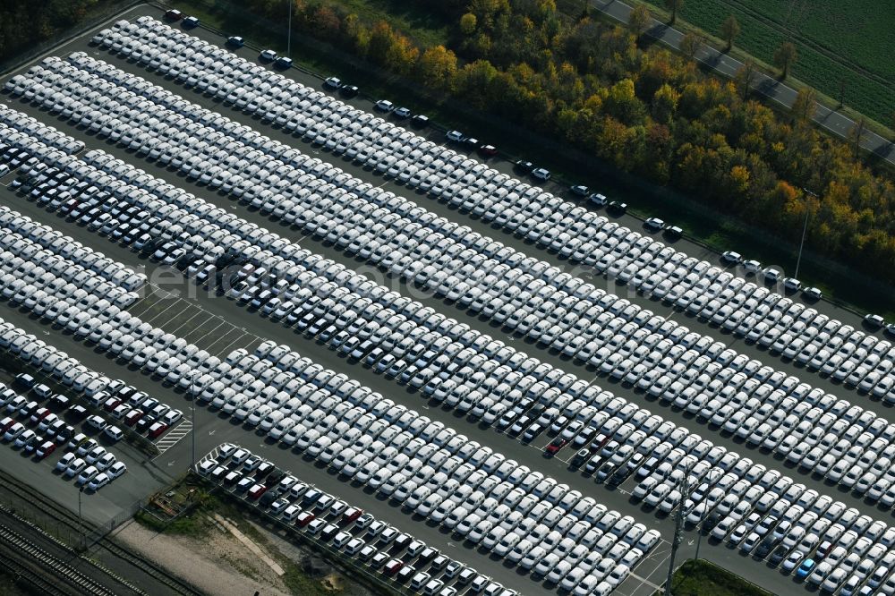 Sülzetal from the bird's eye view: Parking and storage space for automobiles of BLG Autotransport GmbH & Co. KG on E.-H.-Harms-Weg in Suelzetal in the state Saxony-Anhalt, Germany