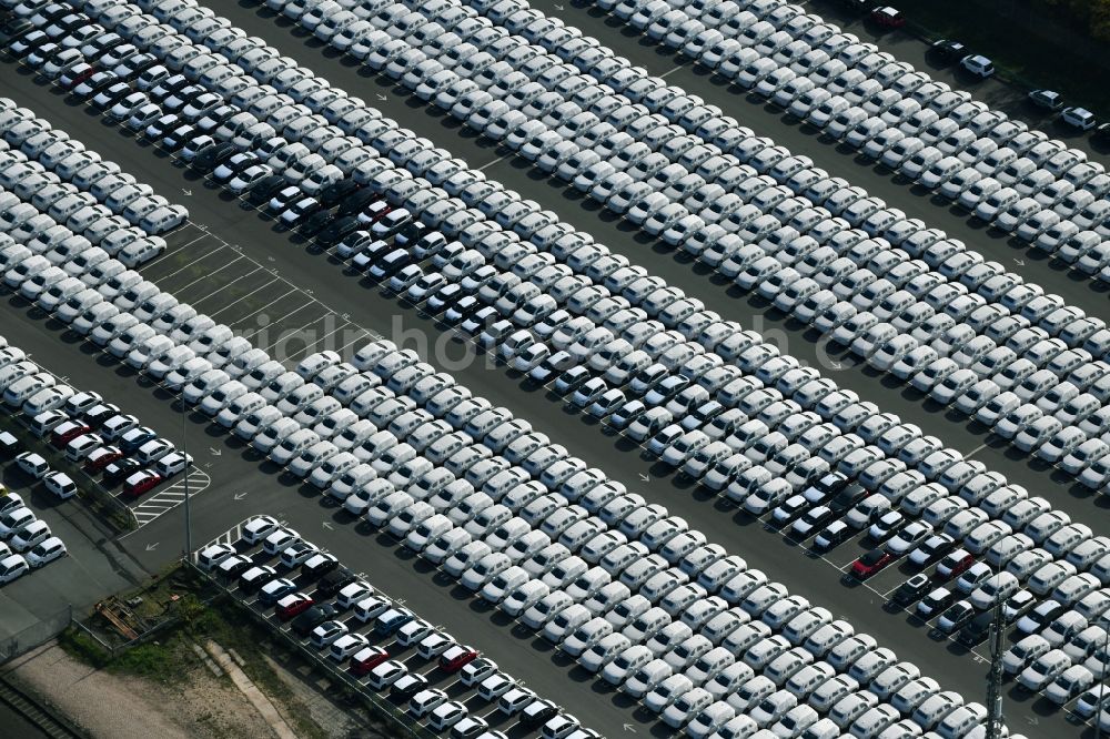 Aerial image Sülzetal - Parking and storage space for automobiles of BLG Autotransport GmbH & Co. KG on E.-H.-Harms-Weg in Suelzetal in the state Saxony-Anhalt, Germany