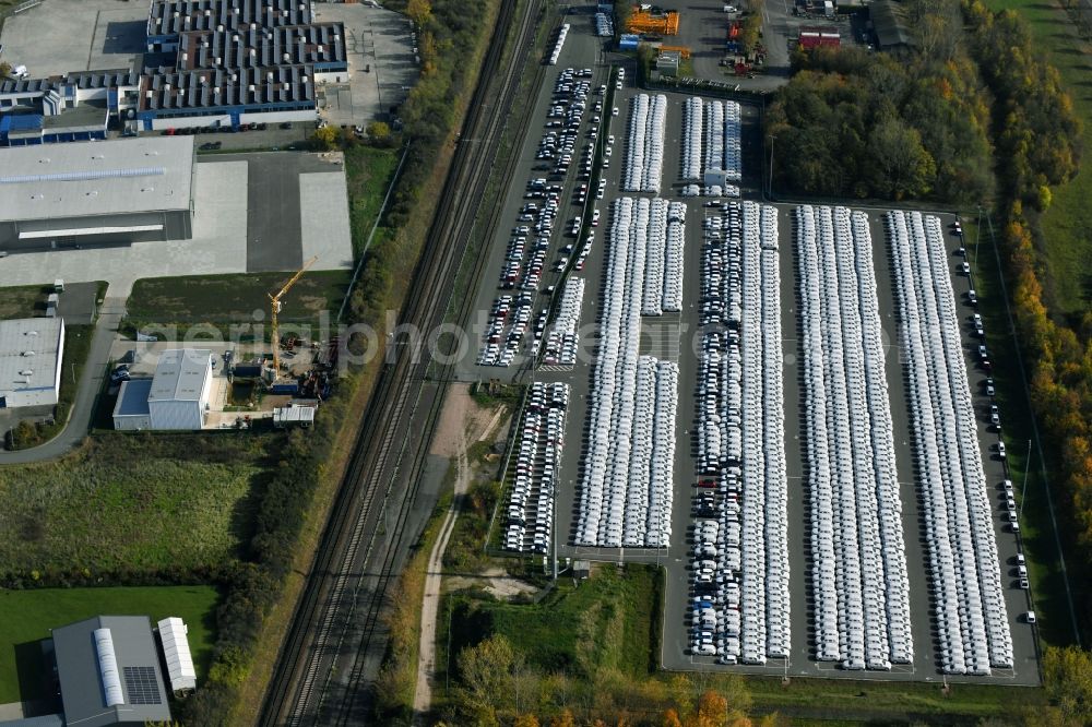 Sülzetal from above - Parking and storage space for automobiles of BLG Autotransport GmbH & Co. KG on E.-H.-Harms-Weg in Suelzetal in the state Saxony-Anhalt, Germany