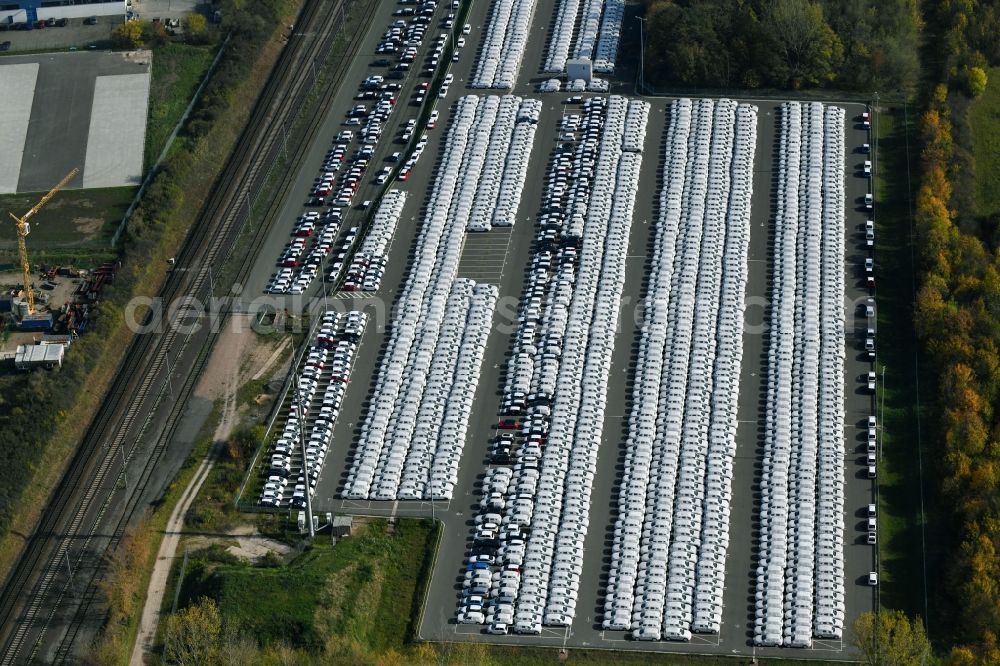 Sülzetal from the bird's eye view: Parking and storage space for automobiles of BLG Autotransport GmbH & Co. KG on E.-H.-Harms-Weg in Suelzetal in the state Saxony-Anhalt, Germany