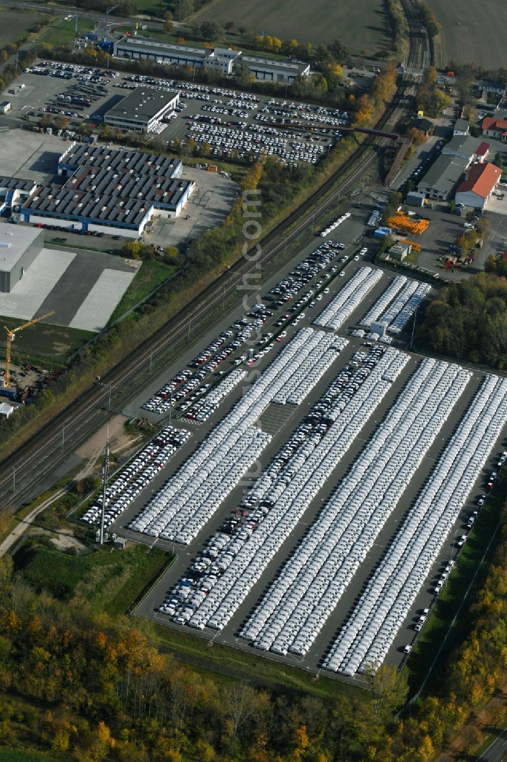 Aerial image Sülzetal - Parking and storage space for automobiles of BLG Autotransport GmbH & Co. KG on E.-H.-Harms-Weg in Suelzetal in the state Saxony-Anhalt, Germany