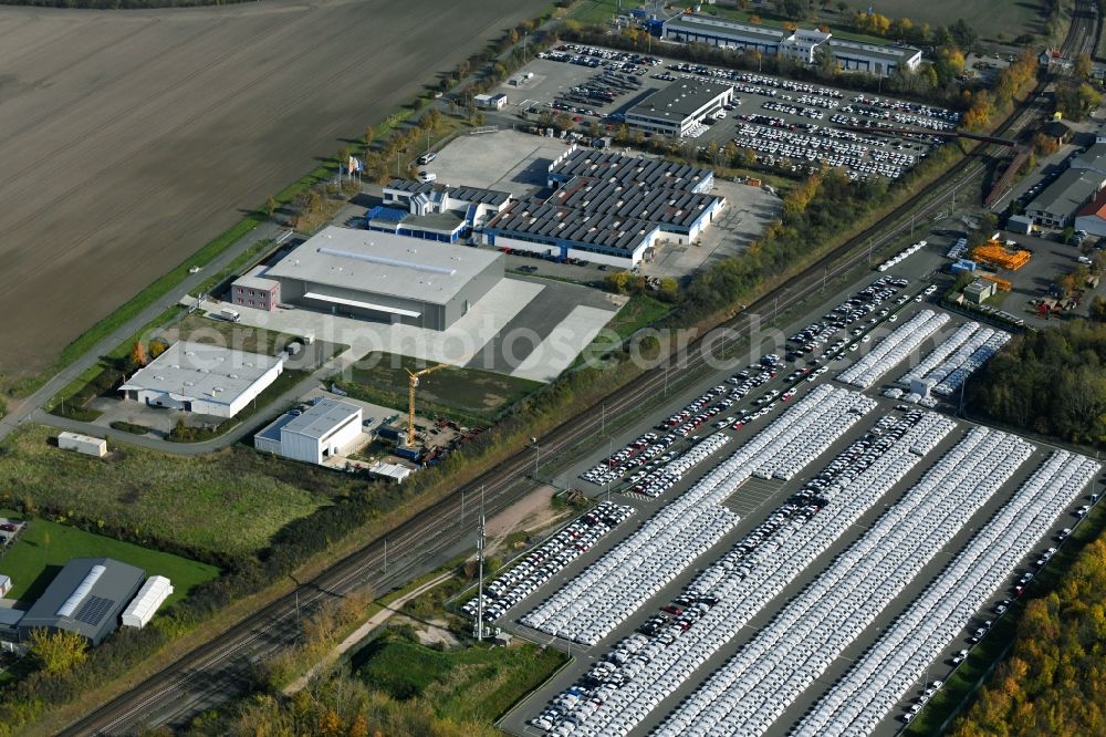 Sülzetal from above - Parking and storage space for automobiles of BLG Autotransport GmbH & Co. KG on E.-H.-Harms-Weg in Suelzetal in the state Saxony-Anhalt, Germany