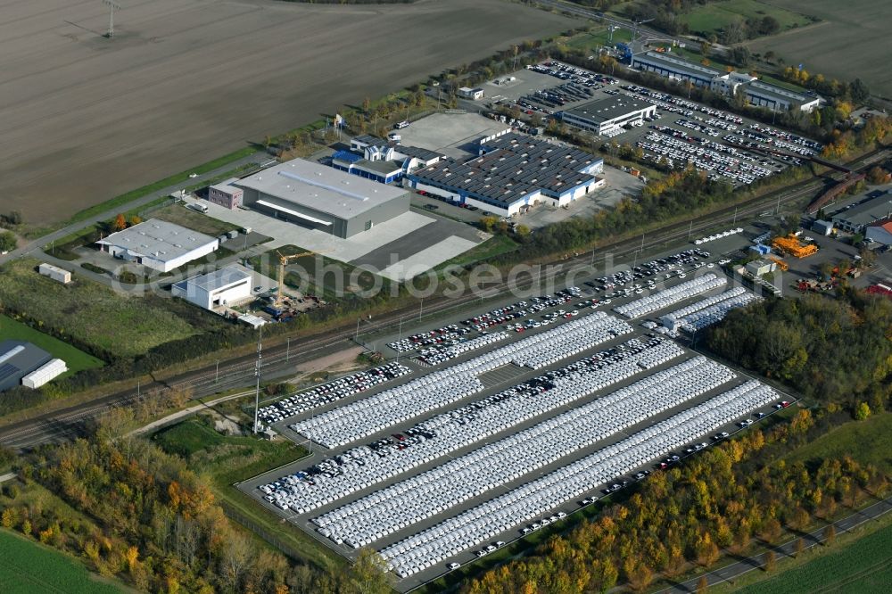 Sülzetal from the bird's eye view: Parking and storage space for automobiles of BLG Autotransport GmbH & Co. KG on E.-H.-Harms-Weg in Suelzetal in the state Saxony-Anhalt, Germany