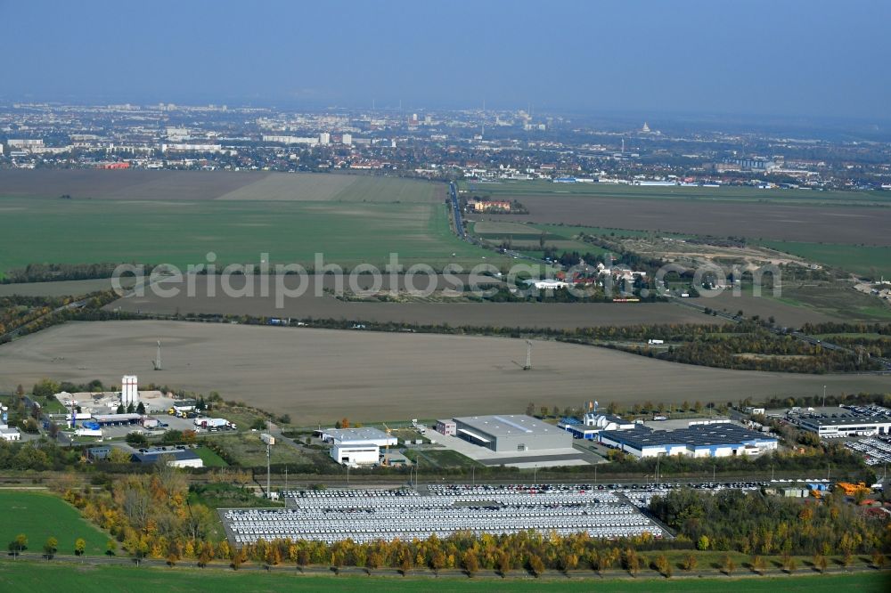 Aerial image Sülzetal - Parking and storage space for automobiles of BLG Autotransport GmbH & Co. KG on E.-H.-Harms-Weg in Suelzetal in the state Saxony-Anhalt, Germany