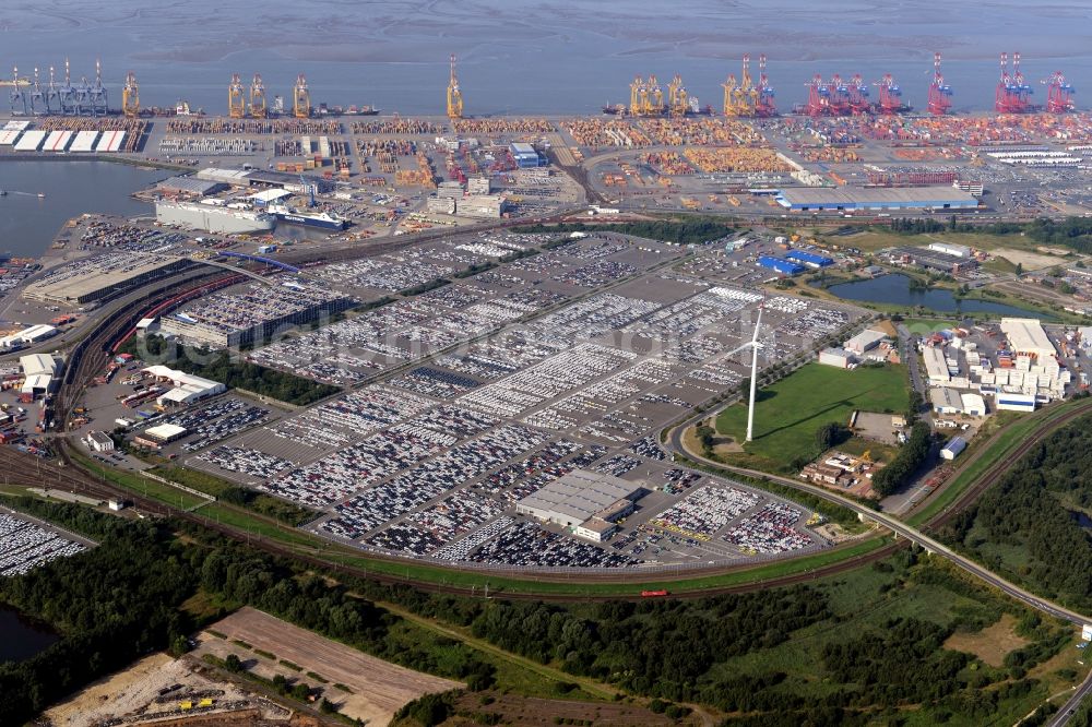 Aerial photograph Bremerhaven - Parking and storage space for automobiles in the international port in Bremerhaven in the state Bremen