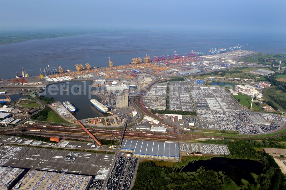 Bremerhaven from above - Parking and storage space for automobiles in the international port in Bremerhaven in the state Bremen