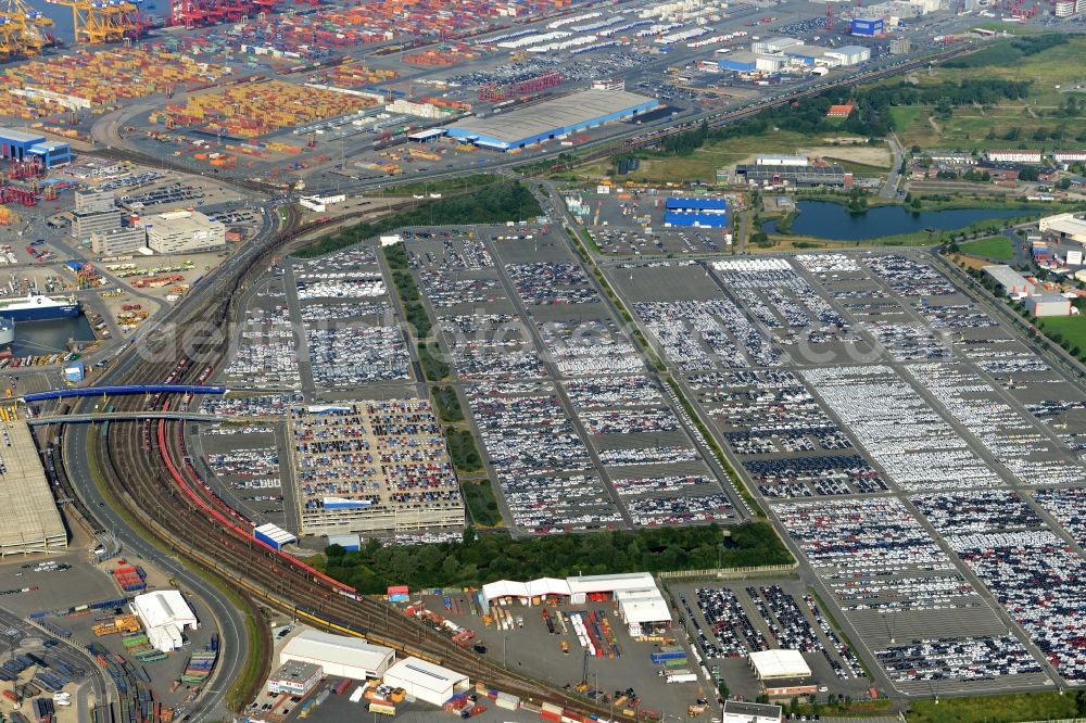 Bremerhaven from the bird's eye view: Parking and storage space for automobiles in the international port in Bremerhaven in the state Bremen