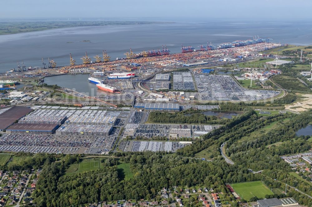 Aerial image Bremerhaven - Parking and storage space for automobiles in the international port in Bremerhaven in the state Bremen